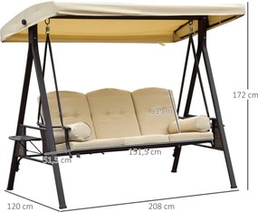 Huśtawka ogrodowa Outsunny 3-osobowa z dachem, beżowo-brązowa, 121×208×172 cm