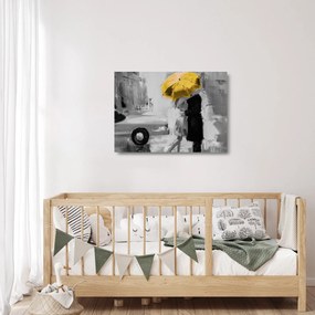 Obraz na szkle - Zakochana para pod parasolem, żółty (70x50 cm)
