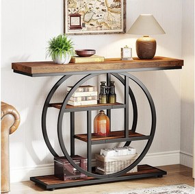 41,5" Industrialny 4-poziomowy stolik konsolowy z okrągłą podstawą, wąskie drewniane stoliki boczne z półkami do przechowywania do salonu, przedpokoju, holu, rustykalny brąz