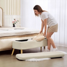 HOMCOM Ławka z miejscem do przechowywania, 65 L, materiał Teddy-Fleece, drewno kauczukowe, 120 x 42 x 45 cm, Beżowy | Aosom PL