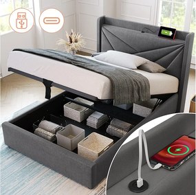 Łóżko ze schowkiem 90 x 200 cm z zagłówkiem - USB + typ C - tkanina lniana - szare