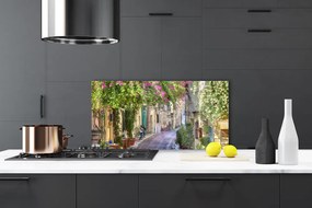 Panel Szklany do Kuchni Malownicza Uliczka w Kwiatach
