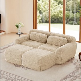 Modułowa Sofa Narożna w tkaninie pluszowej, z 2 pufami i 2 poduszkami, 204x179x73cm, Khaki