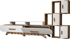 Nowoczesna szafka RTV – 205 cm – orzech i biel – płyta wiórowa pokryta melaminą