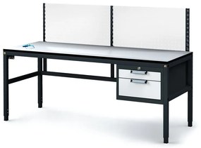 Antystatyczny stół warsztatowy ESD z panelem perforowanym, 2 skrzynki szufladowe na narzędzia, 1800 x 800 x 745-985 mm