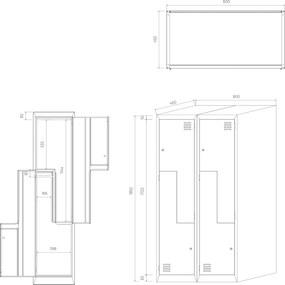 Szafa socjalna czterokomorowa typu L Julia, 80x45x185 cm, antracyt/niebieski