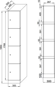 Szafka skrytkowa S1, 4 schowki, 1850 x 300 x 500 mm, zamek cylindryczny, drzwi beżowe