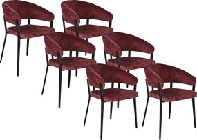 Zestaw 6 krzeseł z podłokietnikami z teksturowanej tkaniny i czarnego metalu - Bordowy - AVRELA