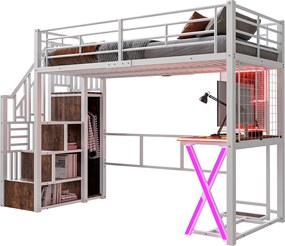 Łóżko piętrowe 90x200cm z oświetleniem LED - biurko + szafa + drabinka - białe