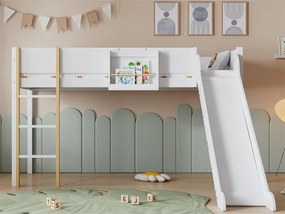 Łóżko mezzanine 90x200 cm z regulowaną półką - z drabinką i zjeżdżalnią - z drewna sosnowego i MDF - Białe