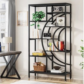 Geometryczna biblioteczka, 8-poziomowe półki industrialne, rustykalna biblioteczka z metalową ramą (czarna, 1 szt.)