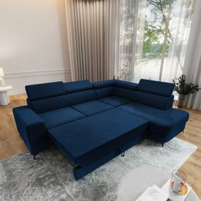 Masseno Narożnik ALVORO z funkcją spania i pojemnikiem na pościel Narozniki L, Rozkładana sofa - Niebieski, MATT VELVET 79