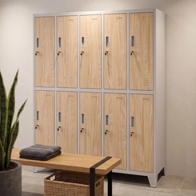 Szafa BHP ubraniowa 10-drzwiowa szara / dąb sonoma: Eco Design BARTEK 1360 x 1720 x 450 mm