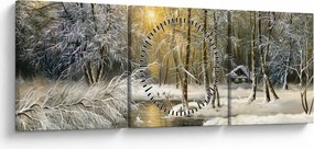 Obraz - Domek w lesie, obraz olejny (z zegarem) (90x30 cm)