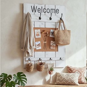 Wieszak ścienny MCW-C89 z tablicą korkową, biały, shabby chic