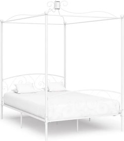 Biała rama łóżka z baldachimem 140x200 cm, solidny metal, klasyczny design, bez materaca, dla dorosłych