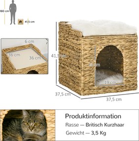 PawHut Rattanowy domek dla kotów 2 poziomy Jaskinia z poduszką Chatka | Aosom PL
