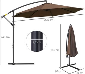 Outsunny Parasol Ogrodowy z Korbką Wodoodporny 3 m x 2,5 m, Stal i Poliester, Kolor Kawa