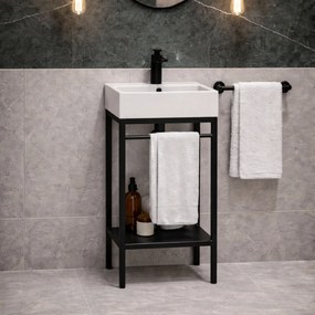 Zestaw umywalka z konglomeratu NAVI 100 x 45 cm + stojąca konsola NAVI Step | Różne kolory | Różne rozmiary : Kolor - Czarny, Otwór na baterię - Bez otworów, Rozmiar - 50 x 45 cm