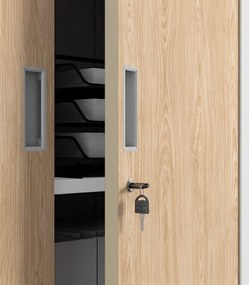 Biurowa szafa metalowa z sejfem biała / dąb sonoma: Eco Design FILIP II, 900 x 1850 x 400 mm