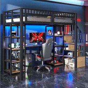 Łóżko piętrowe dla dzieci - 90 x 200 cm - rama żeliwna - z biurkiem + diody LED + port USB + półka + drabinka - metalowe - czarne