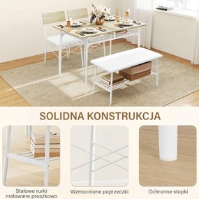 HOMCOM 4-częściowy zestaw stołowy z krzesłami i ławką na 4 osoby, siedzenia tapicerowane, stalowy stelaż, drewno, Biały