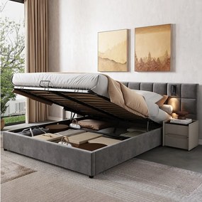 Łóżko z pojemnikiem 160x200 cm - z zagłówkiem, portem USB, stelażem - aksamitne - szare - materac nie jest wliczony w cenę