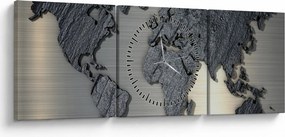 Obraz - Mapa świata w kamiennej teksturze (z zegarem) (90x30 cm)