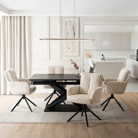 Zestaw Stół Rozkładany IBIZA 160-240 cm Czarny Marmur i 4 Krzesła Tapicerowane JUNE Kremowe Sztruksowe