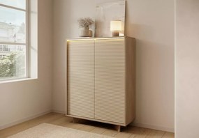 Komoda wysoka Parsja 2D LED – ryflowane fronty, bolivar naturalny / cappuccino, push-to-open
