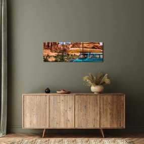 Obraz pojazdu terenowego w górach (z zegarem) (90x30 cm)
