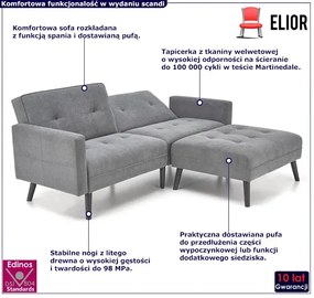 Popielata sofa rozkładana z podnóżkiem - Leris