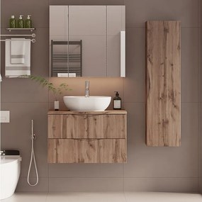 Zestaw do Łazienki 80cm Szafka z Blatem Umywalka Słupek Ryflowane Fronty Dąb Wotan Cleo