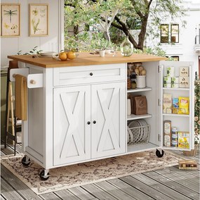 Biała wyspa kuchenna - Wózek kuchenny z 1 szufladą i 3 drzwiami - wieszak na ręczniki i przyprawy