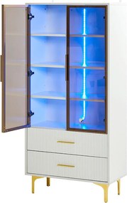 Nowoczesna witryna z oświetleniem LED i regulowanymi półkami - Wys. 150 cm - 2 szklane drzwi i 2 szuflady - Biały