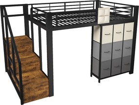 Łóżko piętrowe metalowe - 140 x 200 cm - z komodą 9-szufladową + szafą + schodami z miejscem do przechowywania - czarne