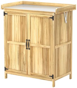 Outsunny Szafka Ogrodowa, Szafka na Narzędzia do Zewnętrznego Użytku, z Powierzchnią Pracy, Drewno i Stal Nierdzewna, Podwójne Drzwi, Drewno Naturalne