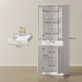 HOMCOM Szafka kuchenna wysoka kredens biały z szufladą regulowaną półką i szklanymi drzwiami 60x35x180 cm | Aosom PL