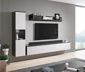 Nowoczesna meblościanka 3-elementowa do salonu z LED, fronty połysk, słupek i szafka RTV 180 cm, korpus antracyt mat, fronty biały połysk