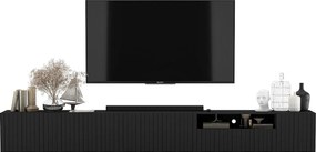 Szafka RTV z 7 drzwiami i wnęką – korpus czarny mat, fronty ryflowane czarne matowe – 300 cm