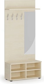 Garderoba z szafką na buty i lustrem HORIZONT, 4 haczyki, półka, tekstura drewna poziomo, brzoza