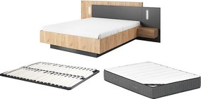 Łóżko z szafkami nocnymi 160 x 200 cm - 2 szuflady - Z oświetleniem LED - Kolor: Naturalny i antracyt + stelaż + materac - FRANCOLI