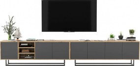 Szafka RTV z 7 drzwiami i 1 wnęką – korpus dąb wotan, fronty grafit mat – 300 cm, metalowa rama