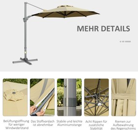 Outsunny parasol ogrodowy z korbką Ø300 cm wiszący ochrona UV regulowany kąt nachylenia aluminiowy khaki do ogrodu tarasu | Aosom PL