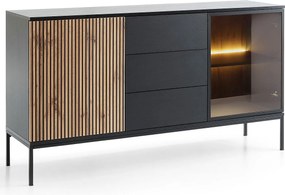 Emporius Haller komoda z szufladami - komoda 150 cm na nóżkach,  dwudrzwiowa z oświetleniem LED, szklane drzwi, lamele