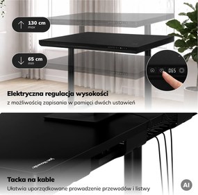 Biurko elektryczne sit-stand z szufladą i ładowarką bezprzewodową Qi czarne, 1200 mm: ELLIS