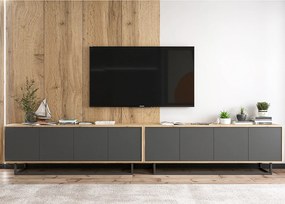 Szafka RTV z 8 drzwiami – korpus dąb wotan, fronty grafit mat – 300 cm, metalowy stelaż