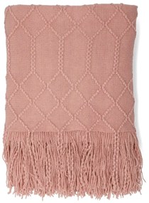 Koc z frędzlami LOOP w splot kulkowy różowy 130x170 cm HOMLA