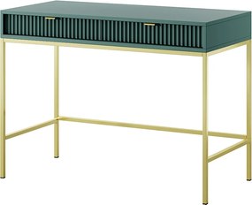 Toaletka Geriffelt z złotymi uchwytami, stalowa rama, biurko MDF, 2 szuflady, rzeźbiona fasada, 104x78x50 cm, matowy labrador, złote metalowe nogi