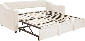 Łóżko wysuwane 90/180x190 cm - Łóżko dla dorosłych z ładowaniem USB i schowkiem - schowek zintegrowany z podłokietnikami - beżowy aksamit